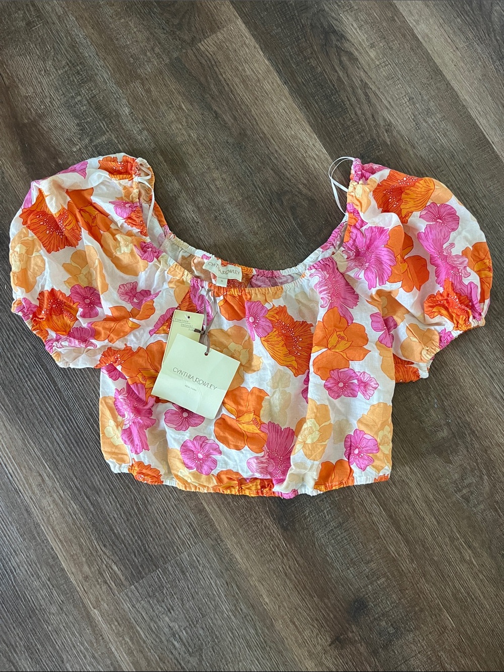 Cynthia Rowley White Crop Top with Orange & Pink Floral Puff Sleeves